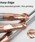 Five-piece copper ball-nose carbide end mill set, 2-flute, for CNC routing; radii 1, 1.5, 2, 3, 4 mm.