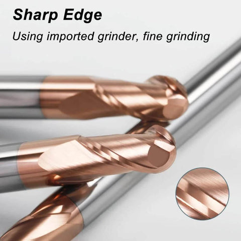 Five-piece copper ball-nose carbide end mill set, 2-flute, for CNC routing; radii 1, 1.5, 2, 3, 4 mm.