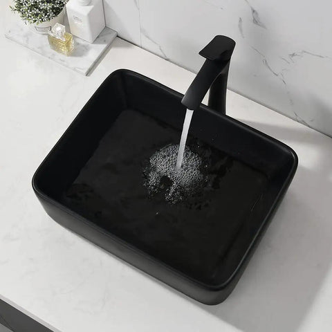 Dope Matte Black Vessel Sink With Faucet And Drain Combo, 16x12 Porcelain Ceramic Art Basin For Modern Bathrooms, water running