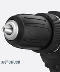 Close-up of the 3/8 inch chuck from the 20V Max Three-Eighths Inch Drill Driver With Power Share System showing variable speed two-speed gear.