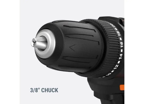 Close-up of the 3/8 inch chuck from the 20V Max Three-Eighths Inch Drill Driver With Power Share System showing variable speed two-speed gear.