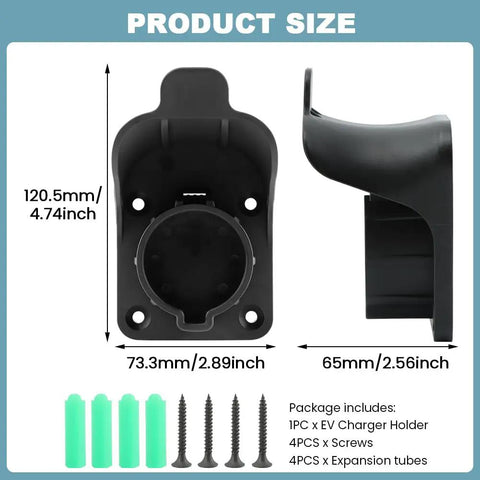 Premium Wall Mount EV Charger Holder Built For SAE J1772 AC Charging Cable Setup dimensions and installation accessories shown.