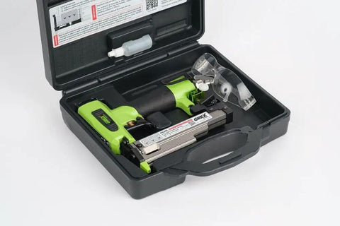 Top Tier 23 Gauge Headless Pin Nailer With Auto Lock Out And Adjustable Edge Guide in case with safety glasses and oil.