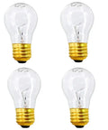 Four pack of 120V A15 40W clear appliance light bulbs with medium base for refrigerators, ovens, and lava lamps, heat resistant up to 572F.