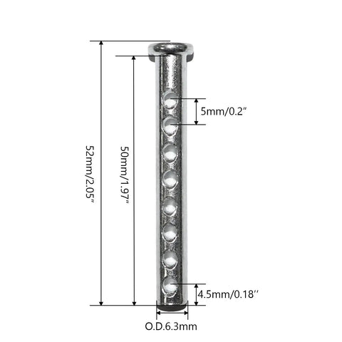One Quarter Inch Clevis Pin With Eight Holes For Precise Length Adjustment, Heavy Duty Carbon Steel With R Clip, Eight Pack For Hitch Receivers, Drawbars, And Implements, Delivers A Snug Rattle Free Fit. 52mm pin size shown
