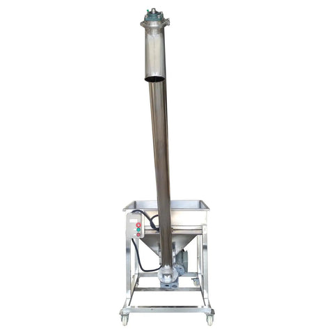 Stainless Steel Screw Conveyor With Vibrating Hopper For Powder Feeding, 4.5 Inch Inclined Auger Feeder in a front view.
