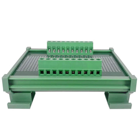 Front view of 72x100mm DIN Rail Mount PCB Board for Arduino DIY Projects with easy soldering insulated holes and dual pitch terminals