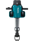 Badass Heavy Duty Eighty Volt Brushless Cordless Breaker Hammer With Seventy Foot Pounds Of Knockout Chisel Power And One One Eighth Inch Hex Shank Avt Anti Vibration Aws Compatible Demolition Kit Featuring Four Massive Eight Amp Hour Packs For Concrete, front view of breaker hammer with two batteries