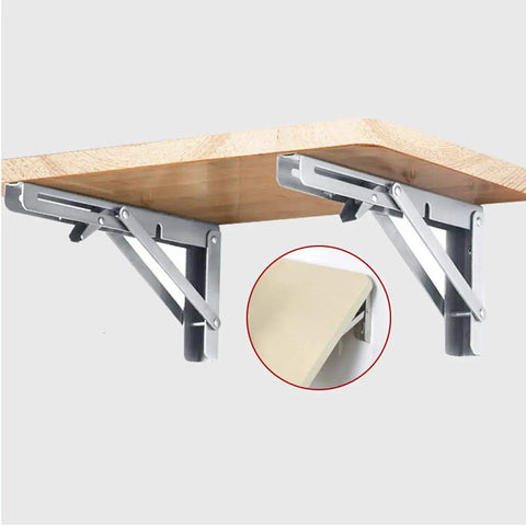 Industrial Grade Folding Angle Brackets, stainless steel support for mounted shelf with adjustable arms.
