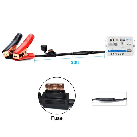 20ft cable and alligator clamps with 5A PWM charge controller from the 20W Monocrystalline Solar Panel And 5A PWM Charge Kit With USB 5V Output