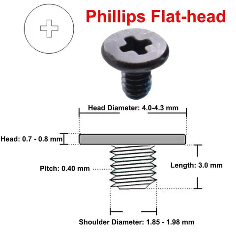 10 Pack M2X3mm Phillips Flat Head Screws Nickel Coated Steel detail showing dimensions and design features including head and thread specifications.