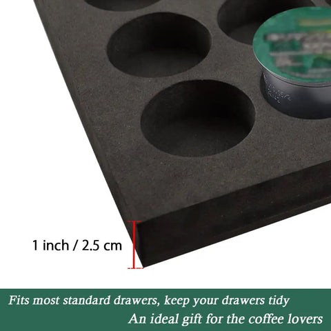 Close-up of the black foam tray section of Neat 40 Pod Coffee Pod Organizer Drawer Tray, showing K-Cup slot and 1-inch thickness.