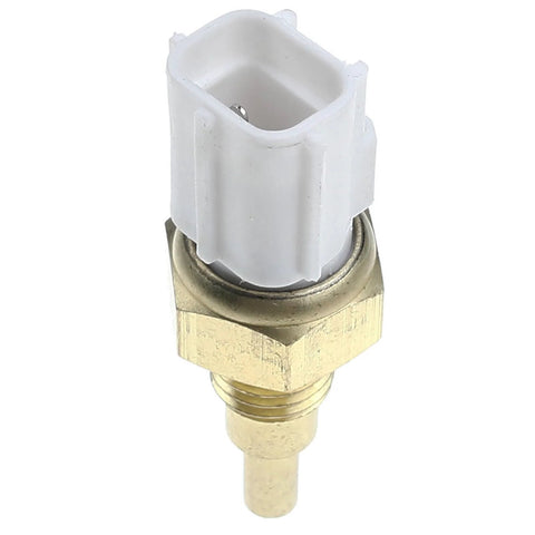 Close-up of A-Premium coolant temperature sensor with white rectangular connector and brass threaded housing