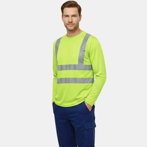 Shop Floor Ready Long Sleeve Hi Vis Safety Shirt With Bold Reflective Strips Class Three Ansi Certified Work Tee worn by model, showcasing bright yellow color.