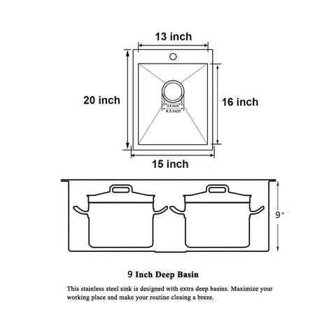Diagram showing dimensions and depth of 15x20 Inch Drop In Bar Sink For Busy Kitchens And RVs, Deep 9 Inch Single Bowl, 304 Stainless Steel.