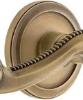 Circulaire Rosette Passage Door Lever Set In Vintage Brass With Newport Lever 2.75 Backset Right Handed Pre Mounted Knobs