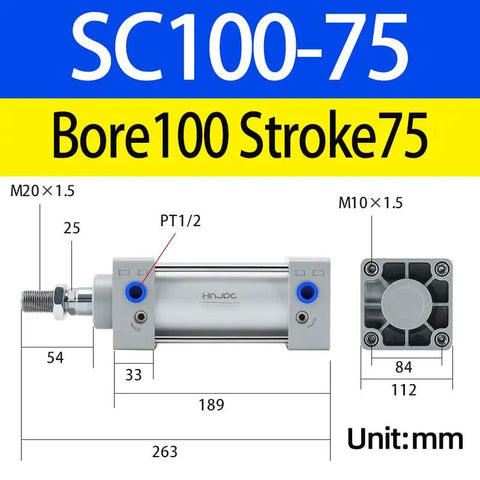 Built Tough Aluminum Pneumatic Cylinder 4 Inch Bore 3 Inch Stroke Double Acting For Industrial Automation SC100X75 diagram