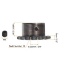 15 Tooth Roller Chain Sprocket 3/8 Inch Pitch With 18mm Bore For Motor Drive A3 Carbon Steel Gear showing dimensions and M6 screw