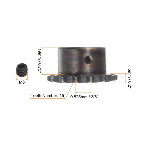 15 Tooth Roller Chain Sprocket 3/8 Inch Pitch With 18mm Bore For Motor Drive A3 Carbon Steel Gear showing dimensions and M6 screw