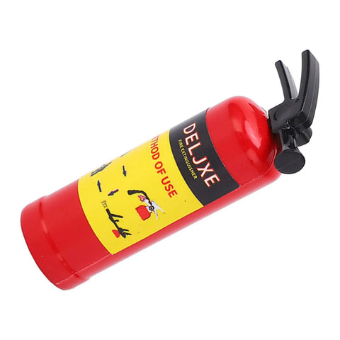 Badass Scale RC Car Mini Fire Extinguisher Decor Gadget With Plug And Play Sticker Mounts Vivid Simulation Detail For Axial SCX10 WPL MN Series Ride Ready Red Upgrade - Detailed view of red miniature fire extinguisher with yellow label.