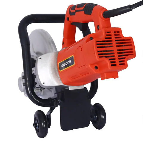 Heavy Duty Beast 3000W Electric Concrete Saw Sporting 14 Inch Blade and Wet Cutting Setup with Adjustable Angles, close-up of power handle.
