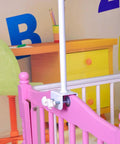 Hassle Free Universal Crib Canopy Holder Adjustable Metal Clamping Stand Bracket Clip On Design For Baby Mosquito Nets Quick Install on pink crib.