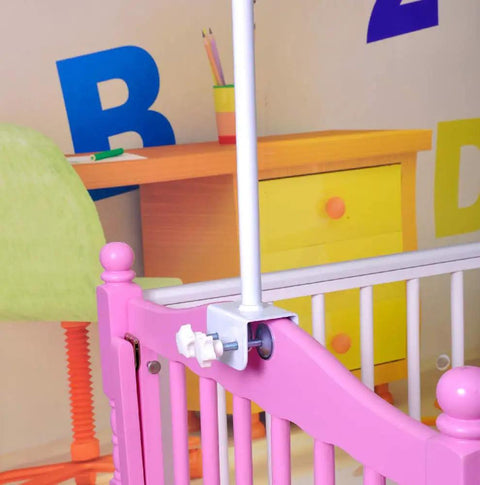 Hassle Free Universal Crib Canopy Holder Adjustable Metal Clamping Stand Bracket Clip On Design For Baby Mosquito Nets Quick Install on pink crib.
