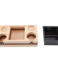 Premium Walnut Wood Coffee Knock Box And Espresso Tamper Stand Holder With Anti Slip Base in wooden finish with black tray.