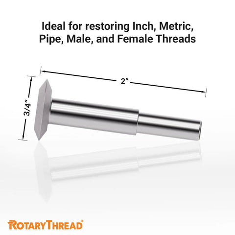 Ultimate Rotary Thread Repair Kit Set For Internal And External Threads, shown is a metal tool 2 inches long with a 3/4 inch wide end.