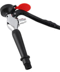 Black and silver faucet mounted eyewash station with red handle, single spray head, emergency first aid eye wash