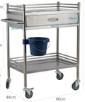 Beefy Stainless Steel Medical Cart On Wheels With 2 Tier Drawer, 100 Kg Max Load, side view with measurements