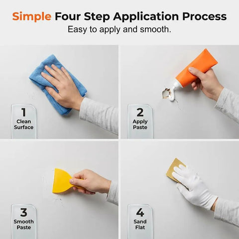 All In One Drywall Repair Kit With Scraper And Quick Drying Paste showing four-step application process on wall