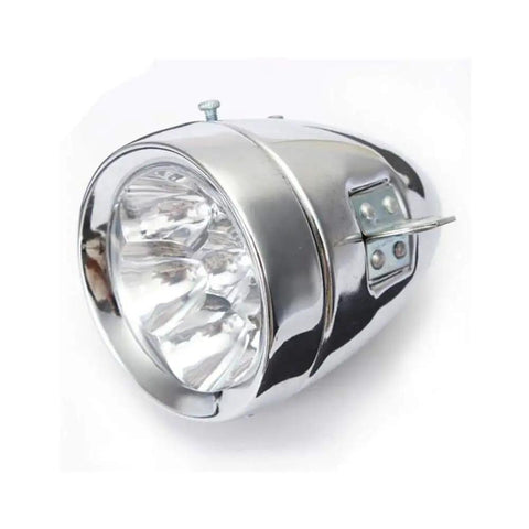Old School 3 LED Bicycle Front Light With Bracket, Waterproof Vintage Headlamp for Night Riding, chrome finish close-up