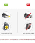 Comparison of power adapter plugs showing compatibility with S10 and incompatibility with S9