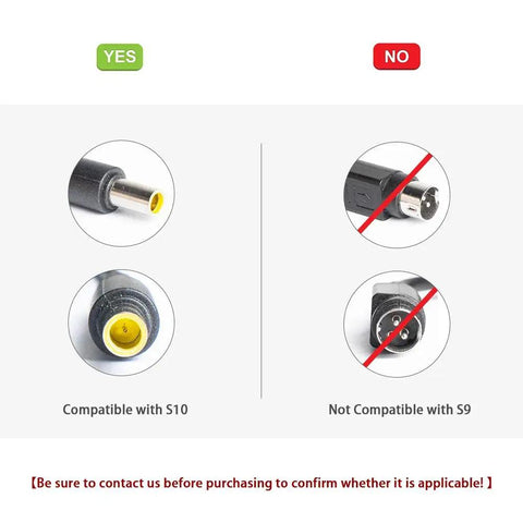 Comparison of power adapter plugs showing compatibility with S10 and incompatibility with S9