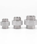 Heavy Duty SS316 Stainless Steel Spherical BSPT Socket Coupler With A Tough As Nails Hard Seal Female Female Union Connector For No Sweat Plumbing And Tight Fit Work - Three sizes displayed.