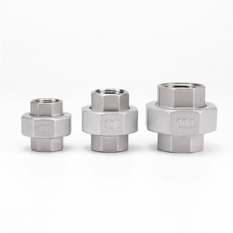 Heavy Duty SS316 Stainless Steel Spherical BSPT Socket Coupler With A Tough As Nails Hard Seal Female Female Union Connector For No Sweat Plumbing And Tight Fit Work - Three sizes displayed.