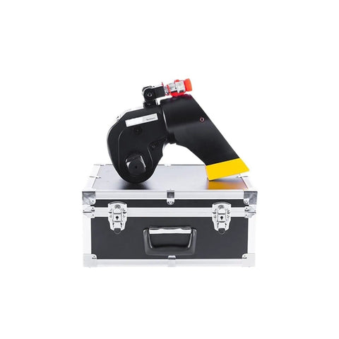 Heavy Duty Hydraulic Torque Wrench 20MXTA 700 Bar Square Drive Tool on a sturdy aluminum case, showcasing a side profile view.
