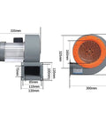 Heavy Duty Industrial Centrifugal Blower Fan Built to Crush the Heat for Smoke Exhaust Plumbing and Water Damage Restoration Runs Dead Quiet on Heavy Duty Sleeve Bearings, side view with dimensions.