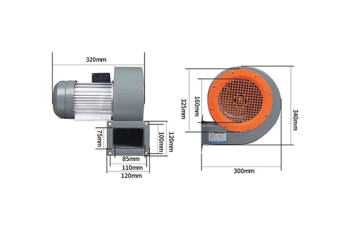 Heavy Duty Industrial Centrifugal Blower Fan Built to Crush the Heat for Smoke Exhaust Plumbing and Water Damage Restoration Runs Dead Quiet on Heavy Duty Sleeve Bearings, side view with dimensions.