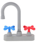 Straight Up Realistic Kitchen Faucet Toy For Kids Pretend Play Sink Accessories, gray plastic with blue and red handles.