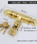 SSWKTCRPZ Solid Brass Door Lock Slide Bolt Gate Latch for Cabinet Window with keys and padlock, matte finish, dimensions shown.