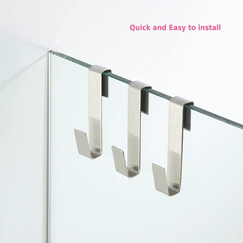 Over Glass Door Towel Hook For Bathroom Frameless Shower Door Fits 3/8 Inch Glass 10 mm Stainless Steel Brushed Finish 3 Pack No Drill Install No Adhesive Needed shown on glass door
