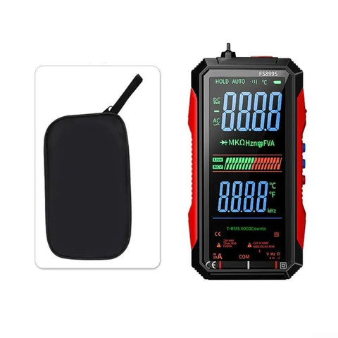 Rechargeable USB-C Digital Multimeter Workhorse Pro Grade With 6000 Counts And An 8 Inch Backlit Screen next to carrying case