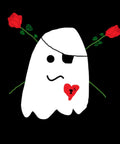 Cartoon ghost with eyepatch and heart, roses; Quirky Nautical Tale Of Mischief And Steam A Bottled Adventure Where Waves Bring Dope Witty Banter.