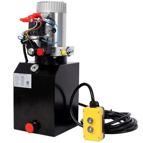 Heavy Duty 12 Volt Hydraulic Power Unit With 6 Quart Steel Tank And 3HP Pump, featuring a black steel tank and wired control.