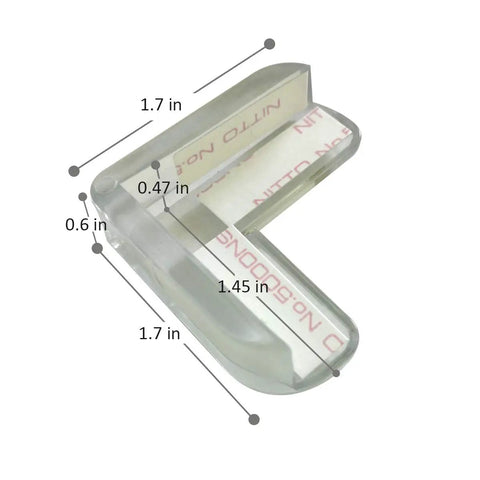 Clear Corner Guards 12 Pack for Baby Proofing Tables and Furniture Ultra Strong Adhesive Gel Edge Bumpers with dimensions shown.