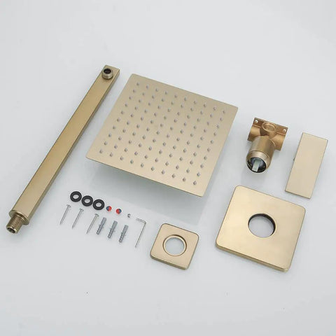 Brushed Gold 8 Inch Square Rainfall Shower Head Set With 14 Inch Extra Long Shower Arm All Metal High Pressure Shower Faucet Kit
