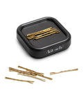 Magnetic Bobby Pin Organizer For Desk And Vanity Strong Pin Holder That Keeps Hair Pins Clips And Paper Clips In One Easy Spot Ideal Gift For Women Black 1 Pc shown from above with gold pins