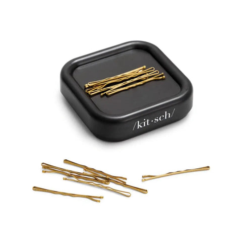 Magnetic Bobby Pin Organizer For Desk And Vanity Strong Pin Holder That Keeps Hair Pins Clips And Paper Clips In One Easy Spot Ideal Gift For Women Black 1 Pc shown from above with gold pins
